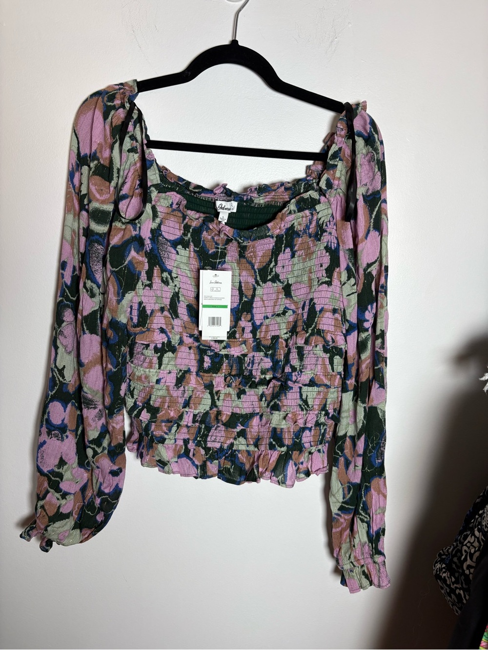 Sam Edelman Pink Floral Smocked Long-Sleeve Blouse